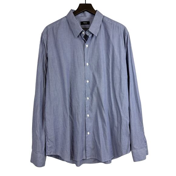 Theory Mens Sylvain Button Down Cotton Blend Dress Shirt Blue Stripe - 2XL XXL - Picture 1 of 9